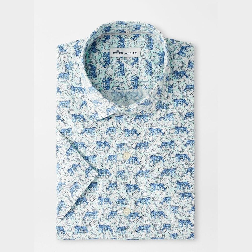 Peter Millar Jungle Exotic Sport Shirt Mens Medium Tiger Cotton Short Sleeve